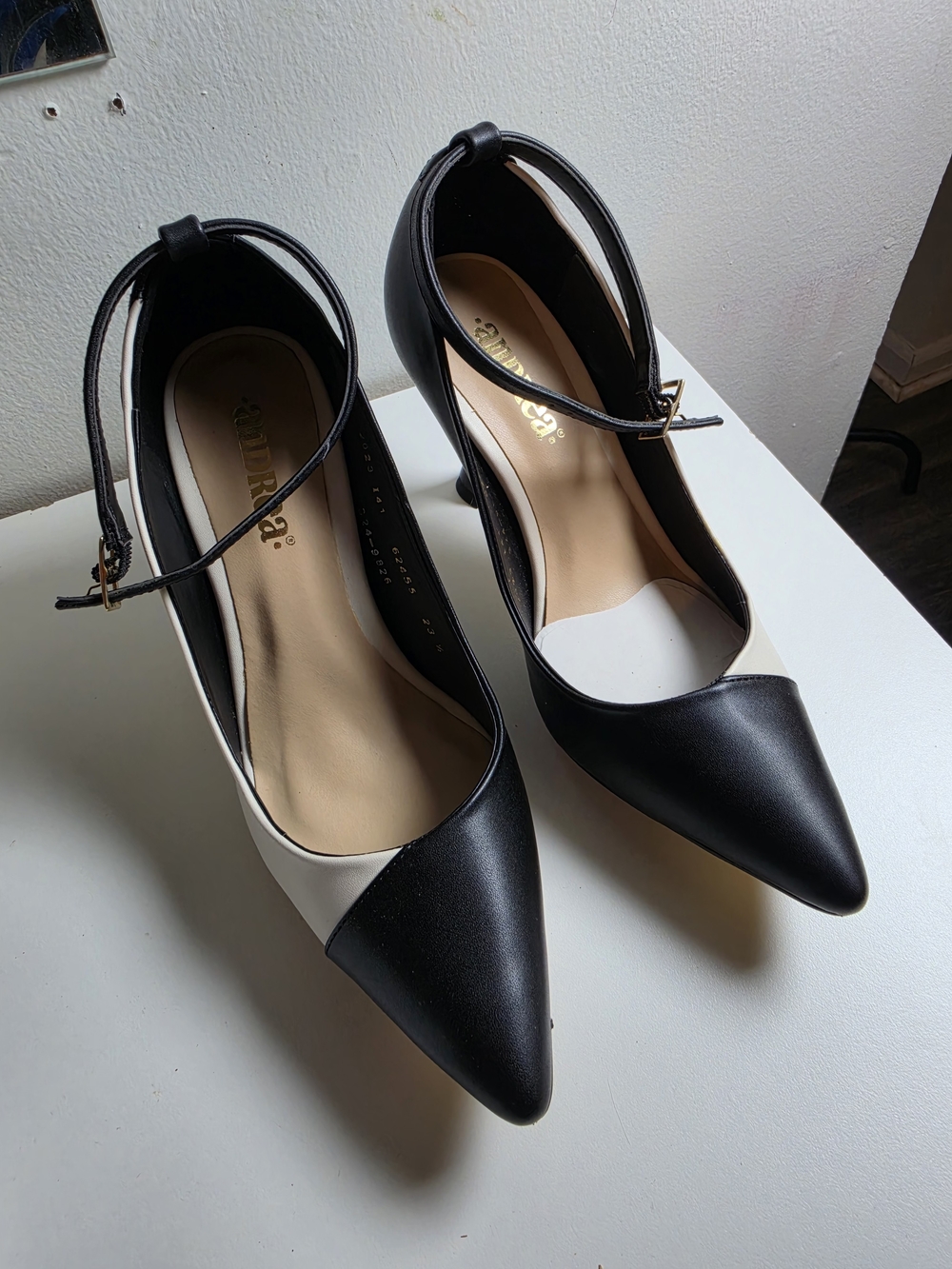 ANDREA FENZI Black and White Pointed Ankle-Strap Wedges